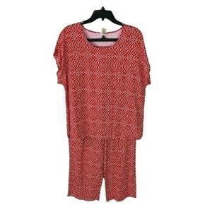 Blair Womans Sz Large Set Pull On Pants Top Red Abstract Comfort Pockets Crop